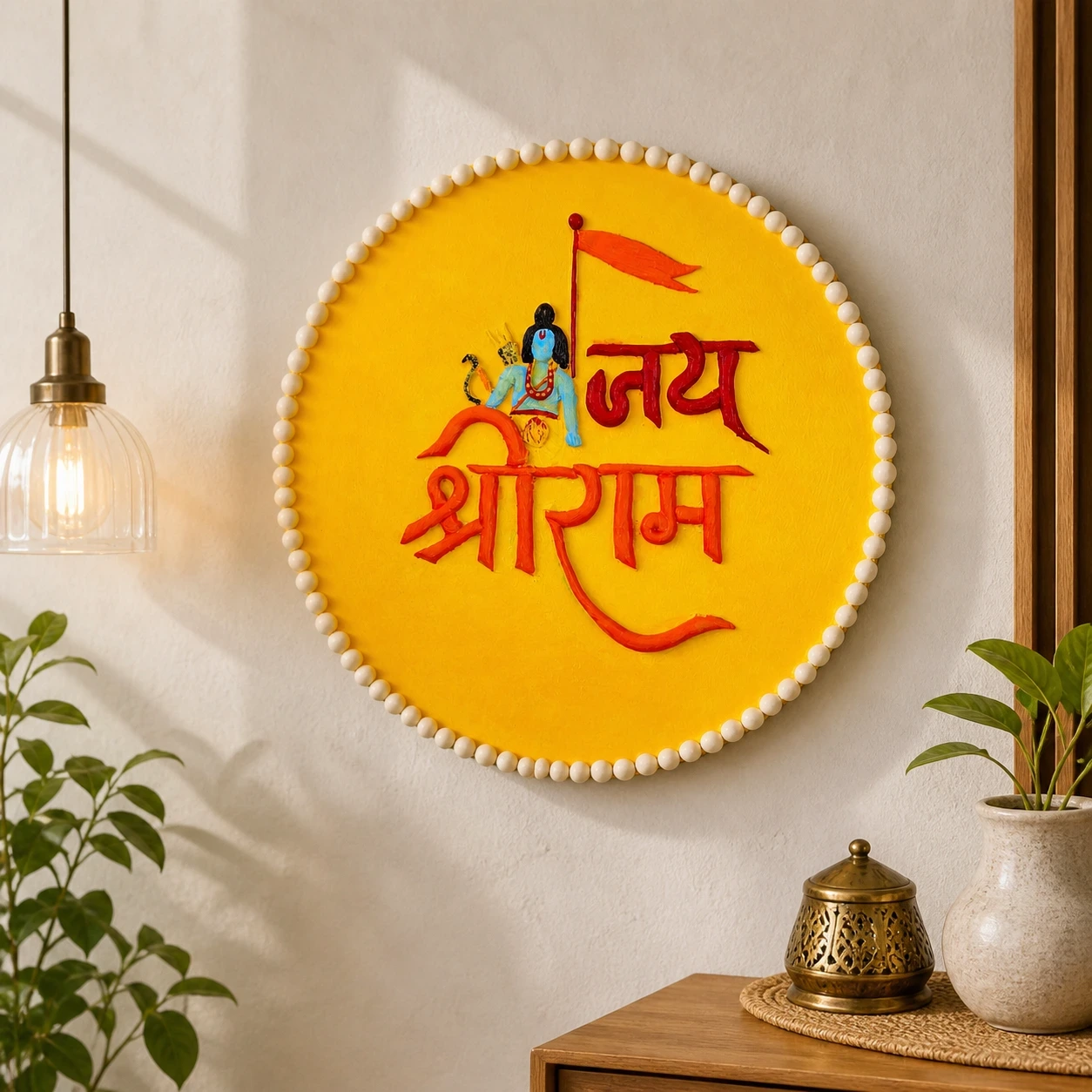 Jai Shree Ram Handcrafted Textured Wall Art | 8” Round MDF Devotional Artwork