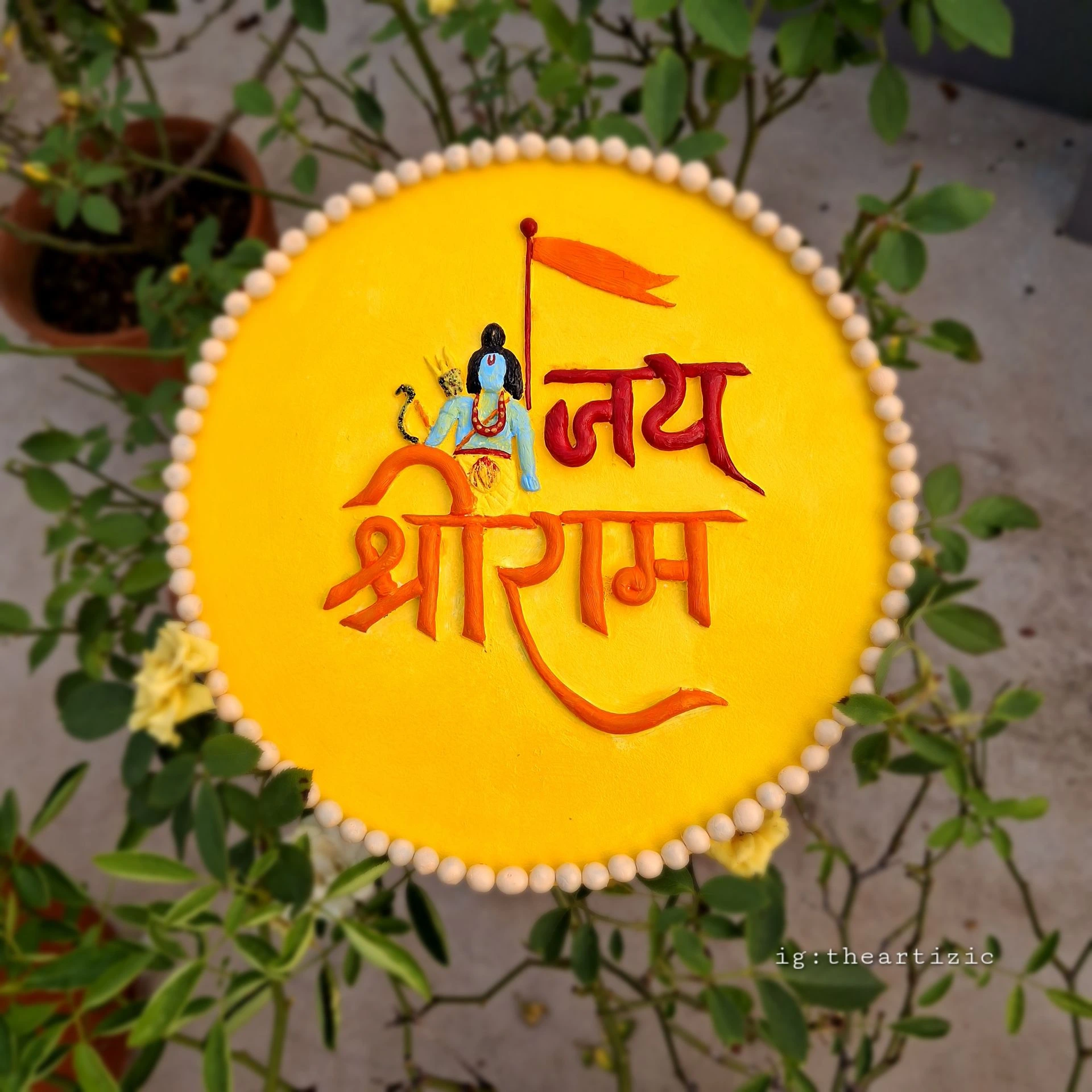 Jai Shree Ram Handcrafted Textured Wall Art | 8” Round MDF Devotional Artwork