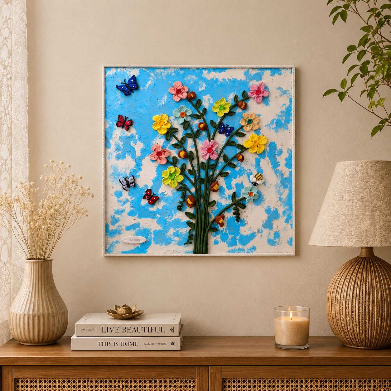 Handcrafted 3D Floral Clay Wall Art on MDF Board | 12 x 12 Inch Decorative Artwork