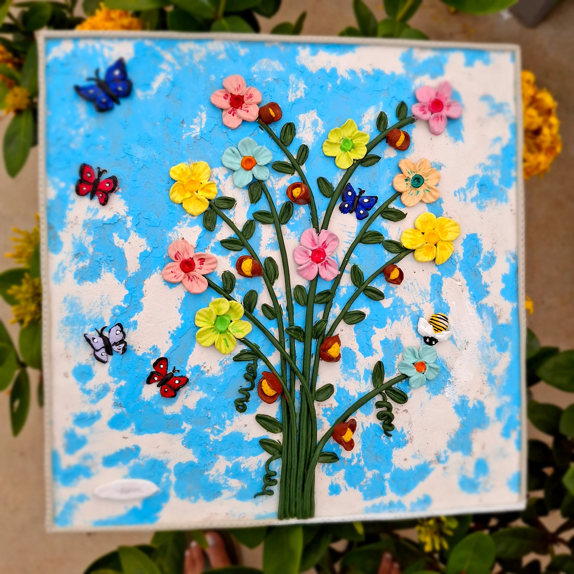 Handcrafted 3D Floral Clay Wall Art on MDF Board | 12 x 12 Inch Decorative Artwork