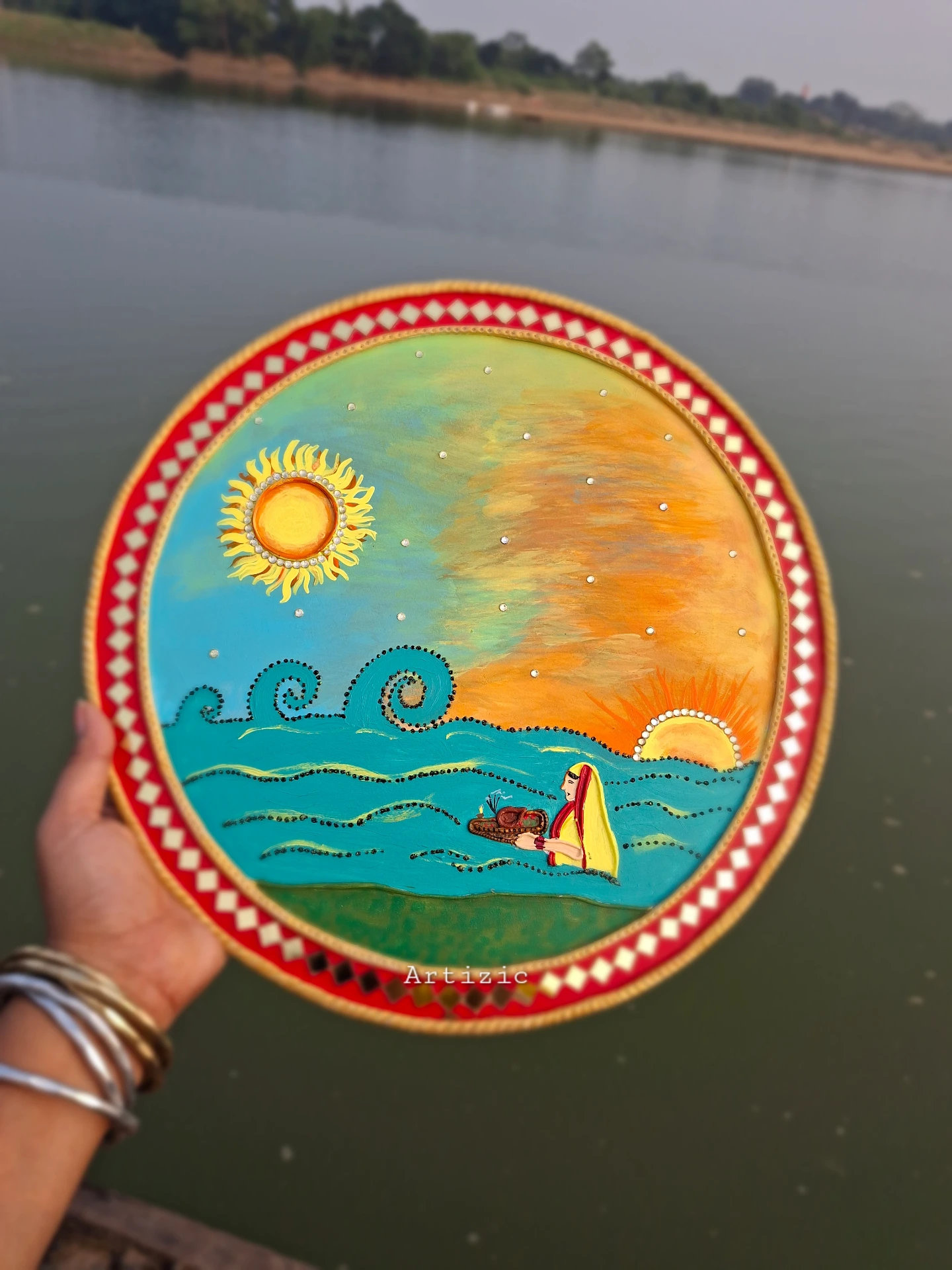 Handmade Chhath Puja Clay & Mirror Wall Art on MDF Board – 14 Inch Traditional Festival Decor