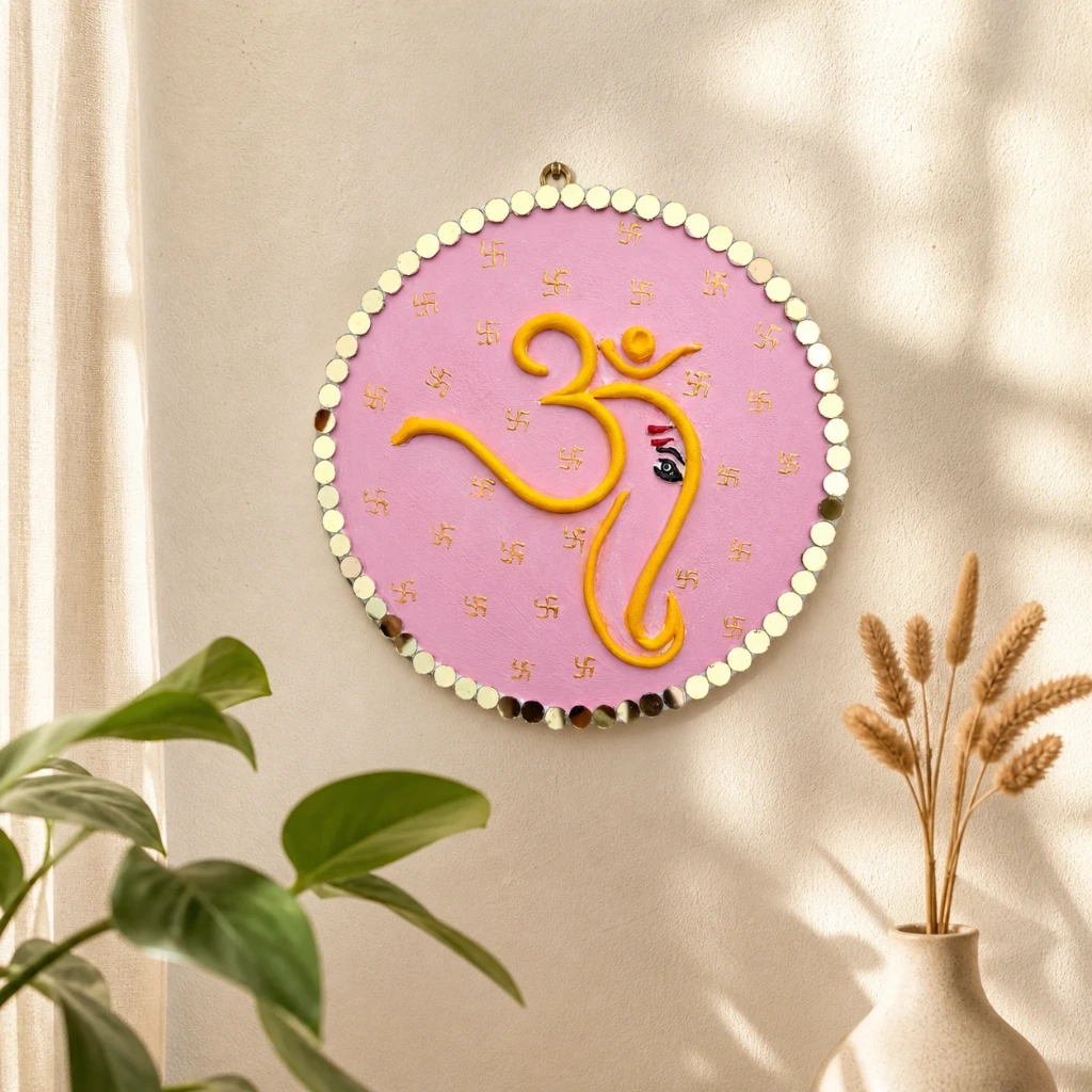 Handcrafted 8-Inch Om Ganesha Wall Hanging | Pink & Gold Spiritual Home Decor | Handmade Decorative Plaque for Living Room & पूजा Space