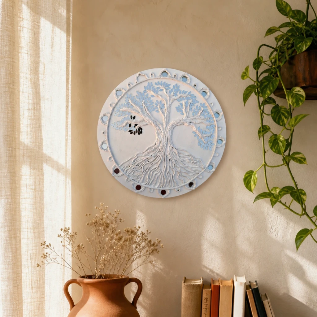 Handmade Tree of Life Wall Art 14 Inch – Round Textured Wall Hanging Décor – Minimalist Boho Home Decoration – Neutral Aesthetic Living Room, Bedroom, Office Wall Accent