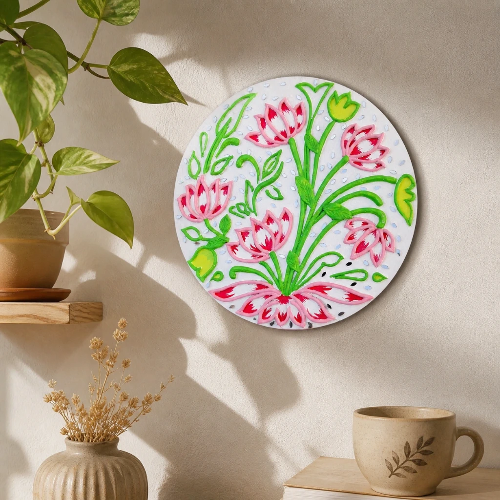 Handmade 3D Lotus Floral Wall Art | 10 Inch MDF Round Decor | Hand-Painted Acrylic Relief Artwork for Home & Office