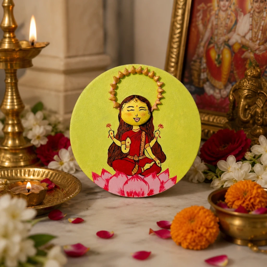 Mini Lakshmi Ji MDF Art with Wooden Easel Stand – 6 Inch Round Decorative Puja & Tabletop Display