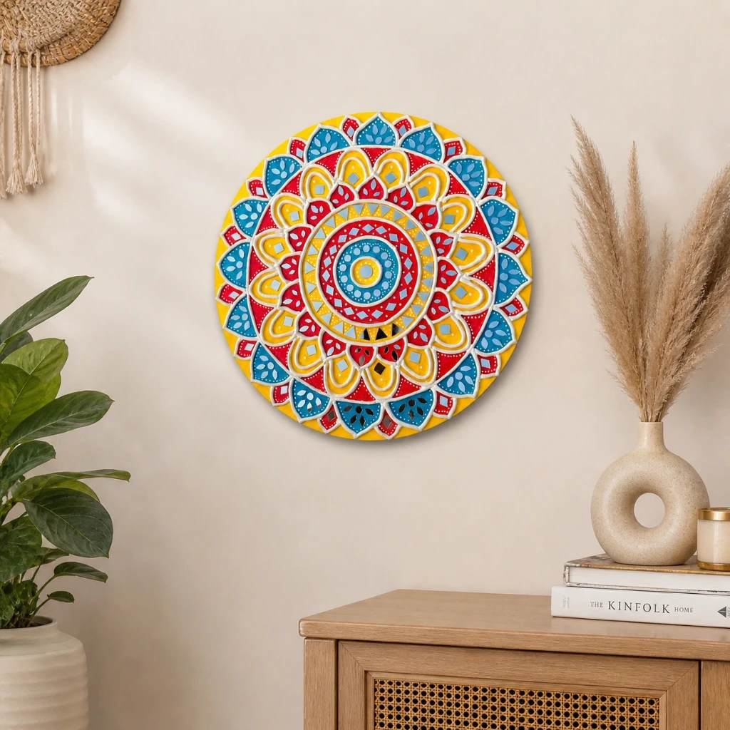 Handcrafted 14 Inch Mandala Wall Art – Vibrant MDF Wall Hanging with Back Hook for Easy Installation