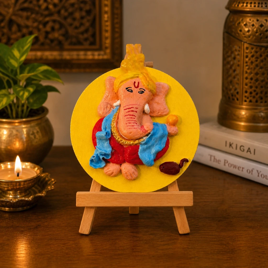 Mini 3D Ganesha MDF Art with Wooden Easel Stand – 3.5 Inch Handcrafted Tabletop Decor