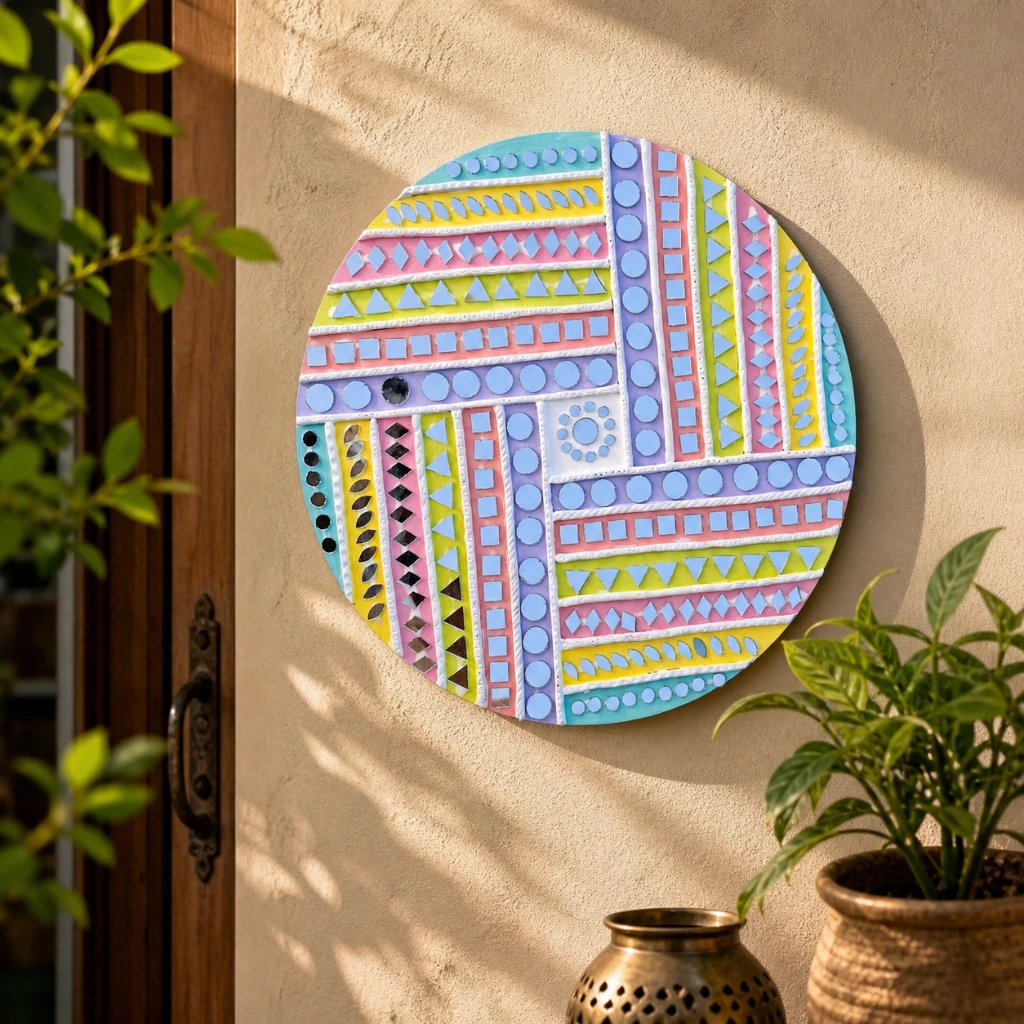 Pastel Geometry Mandala Wall Art – 10 Inch Handcrafted MDF Wall Hanging with Textured Detailing & Back Hook