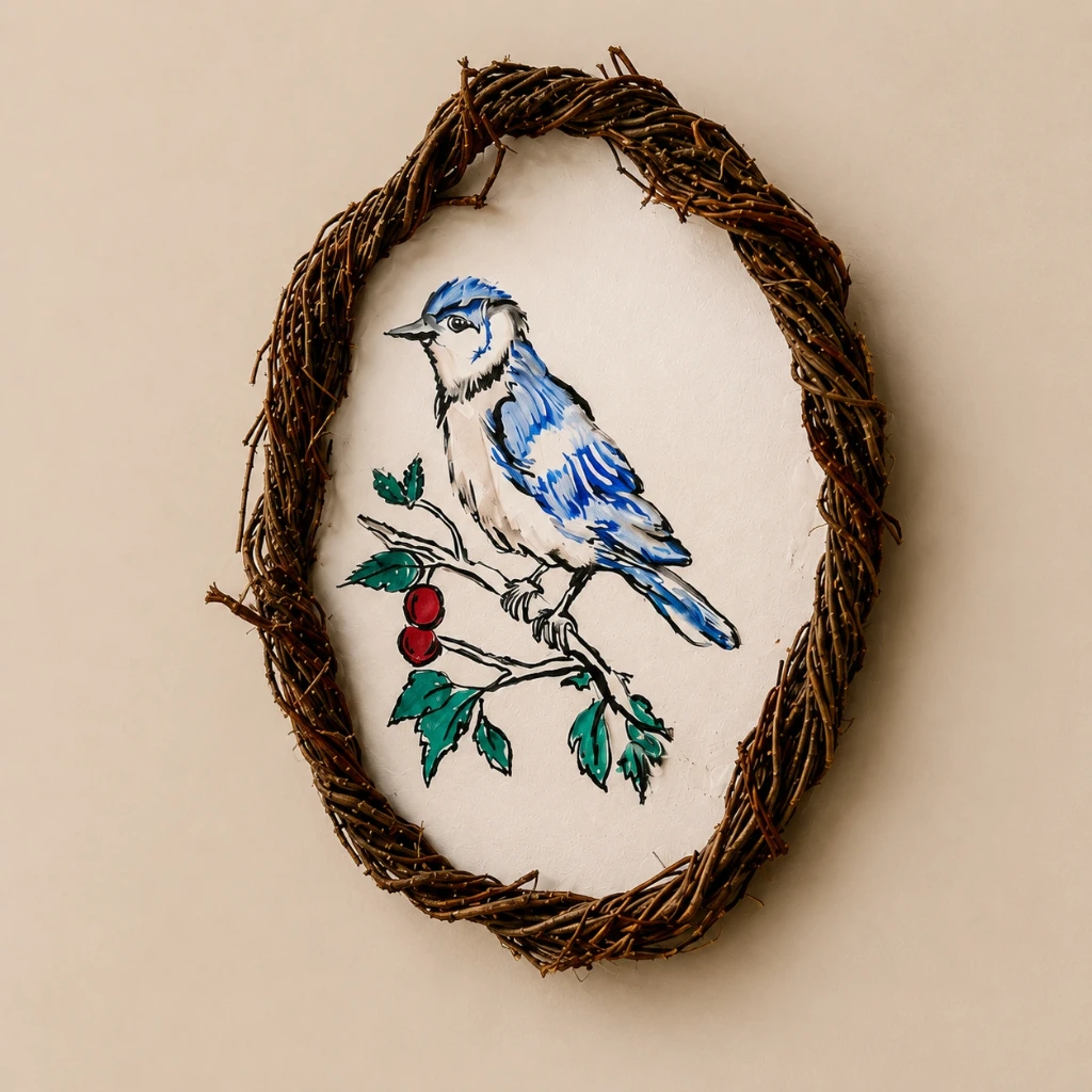 Bluebird Serenity Handmade Acrylic Painting – Rustic Nature Artwork with Banyan Root Frame (7.5 Inch)