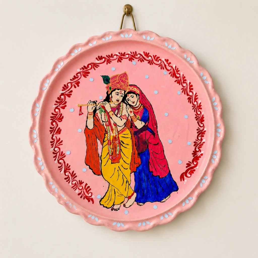 Radha Krishna Handmade Mud Plate Painting – 11 Inch Decorative Hand-Painted Hanging Plate for Home Decor & Gifting