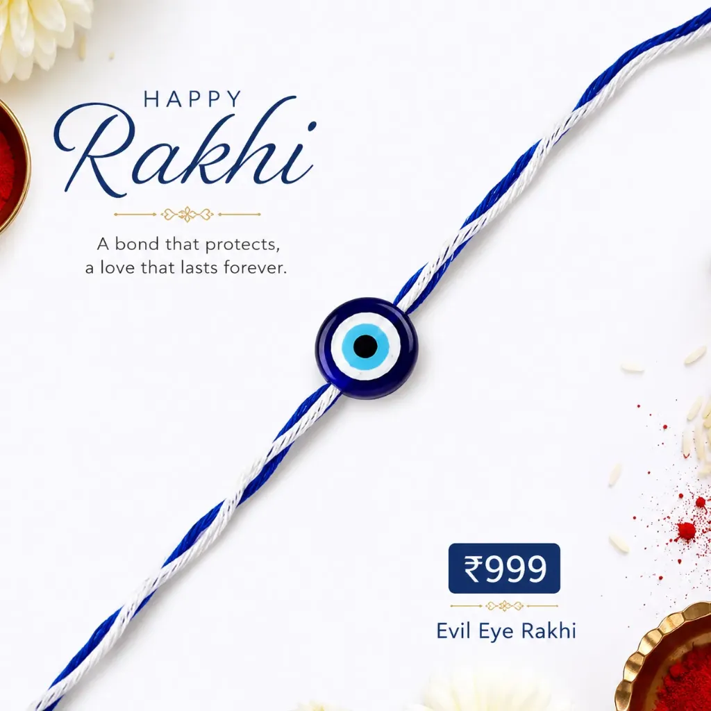 Evil Eye Rakhi | Handmade Protection Charm on Blue-White Thread | Rakhi for Brother