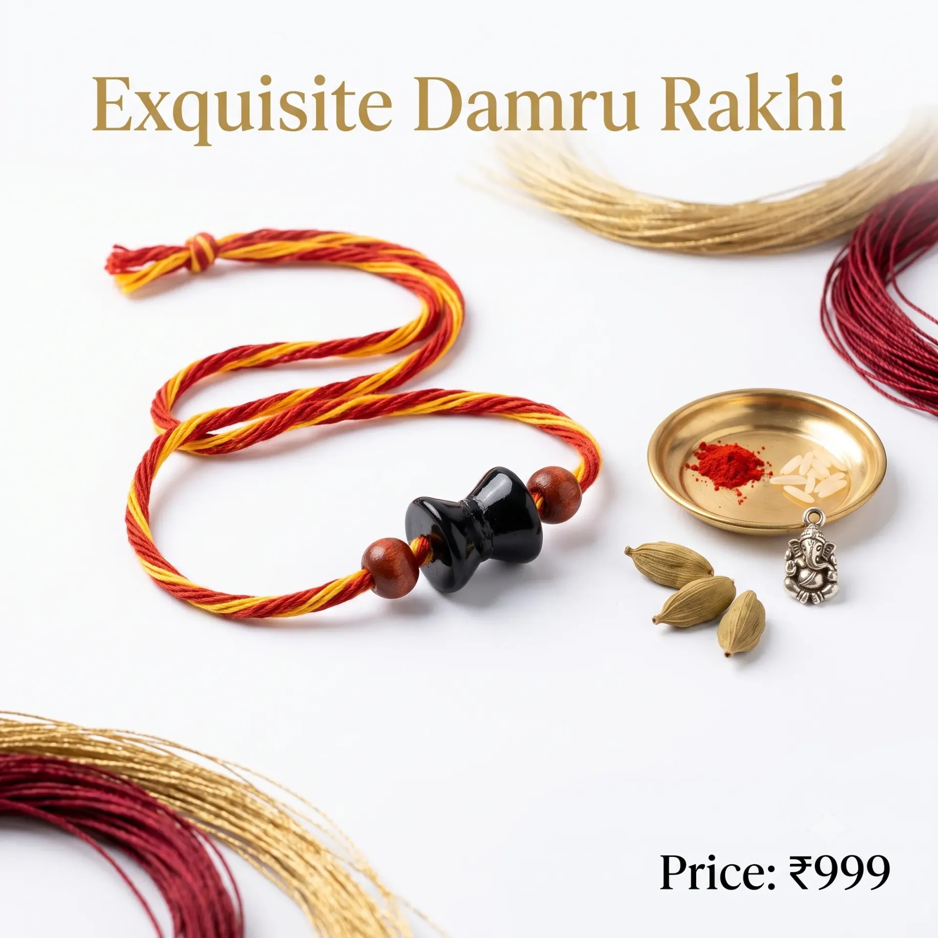 Exquisite Damru Rakhi | Handcrafted Wooden Beads on Twisted Thread