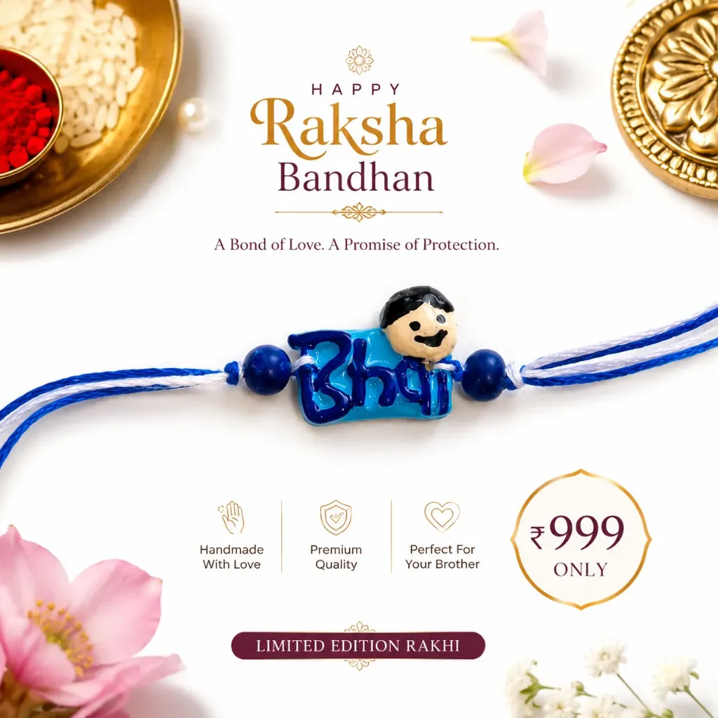 Bhai Rakhi | Handmade Clay Charm on Blue-White Cotton Thread