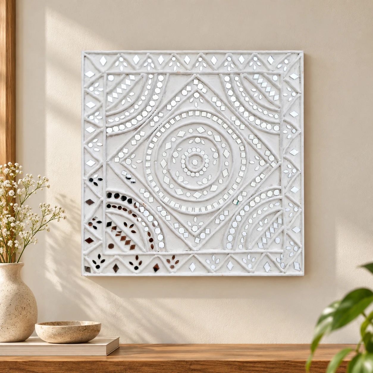 Handcrafted Clay & Mirror Mosaic Wall Art – White Floral Mandala Decor