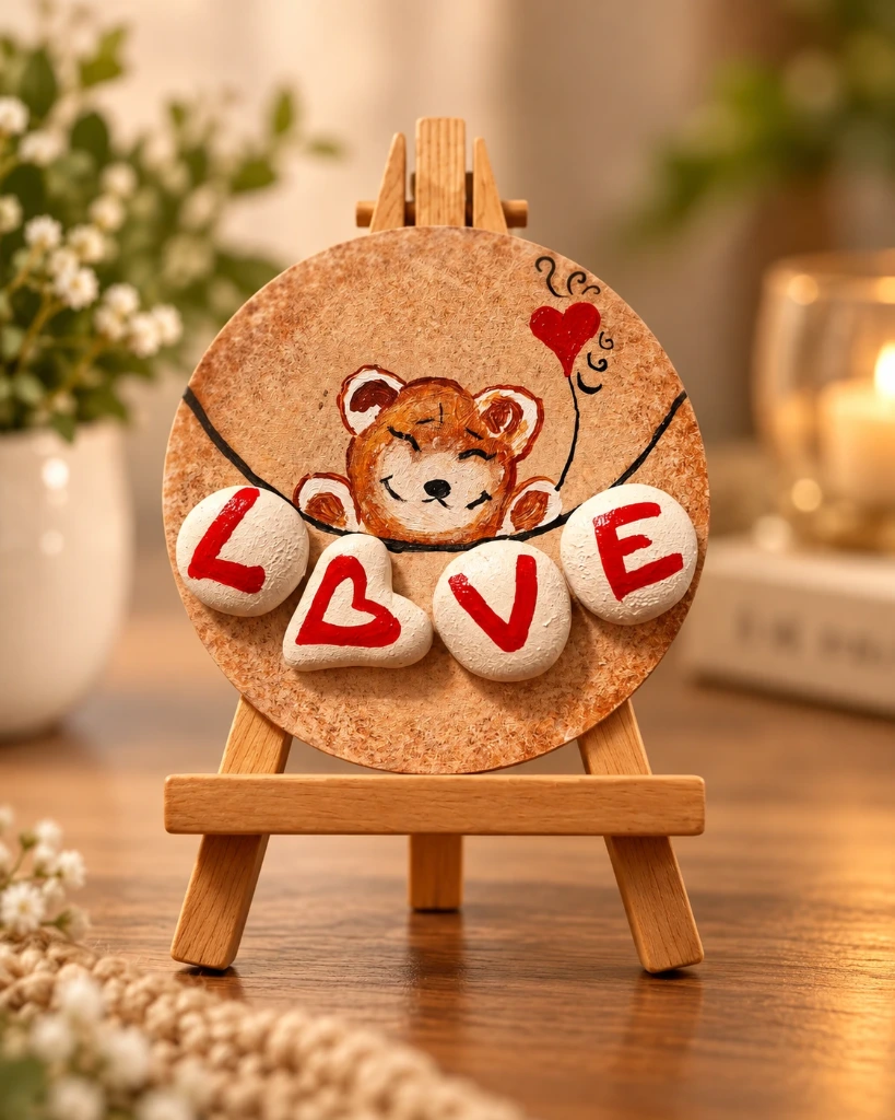 Teddy Love Miniature Wooden Art with Stand – 4 x 4 Inches