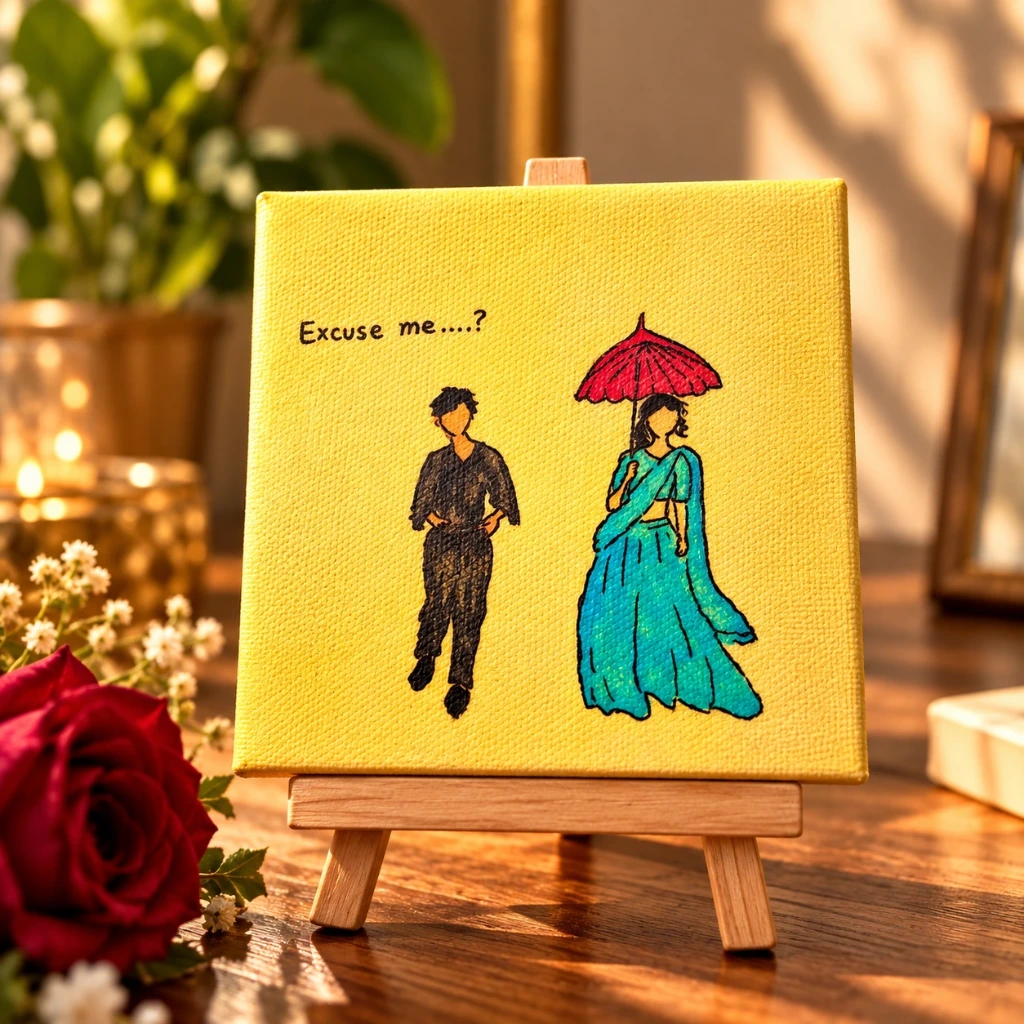 “Excuse Me?” Mini Acrylic Canvas Art with Stand – 4 x 4 Inches
