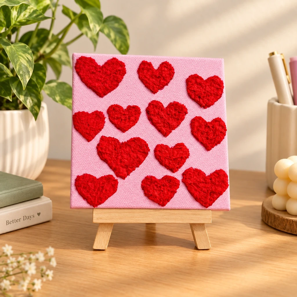 Red Hearts Textured Canvas Art – Romantic Mini Decor