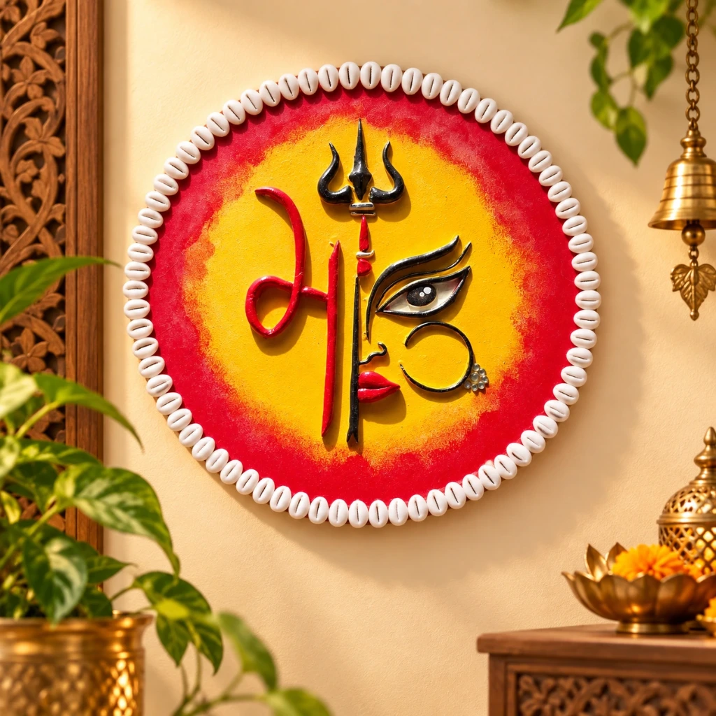 Maa Durga Shakti Wall Art with Cowrie Shells – 9 Inch Round MDF Decor